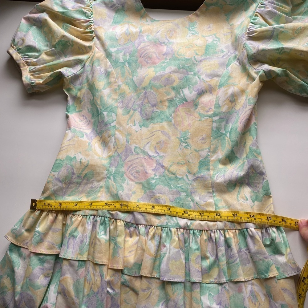 Vintage Manhattan Girl XL 80s Floral Drop Waist Back Bow Puff Short Sleeve Retro - Picture 16 of 17
